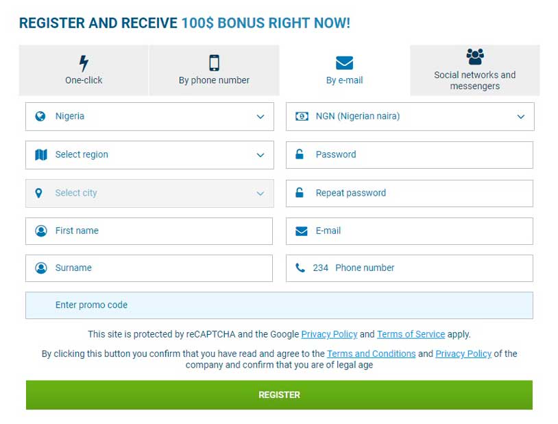 Registration by email on 1xBet